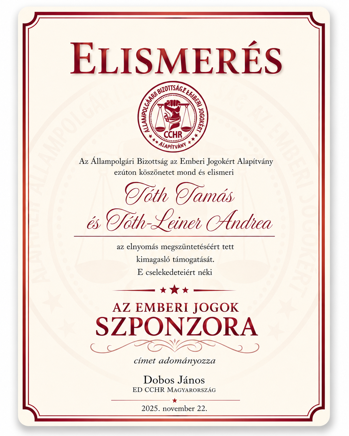 Elismerés – az Emberi Jogok Szponzora